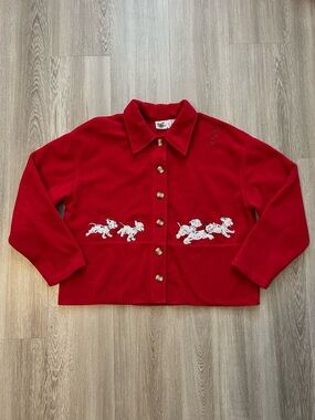 VINTAGE 90s Disney 101 Dalmatians Embroidered Button Red Cardigan Size Medium